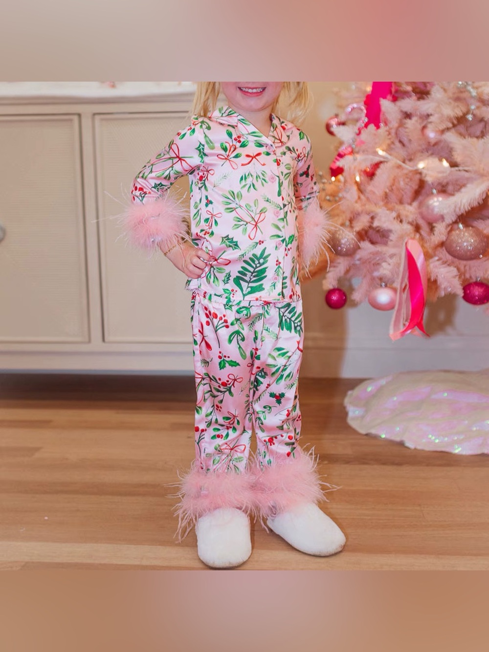 Ivy City Co Little Girl Pink Christmas Feather Cuff Pajamas - Size 6-7T